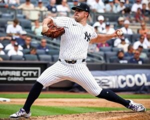 Yankees' Carlos Rodon throws on his way to 10ks against the Rays at Yankee Stadium on July 22, 2024.