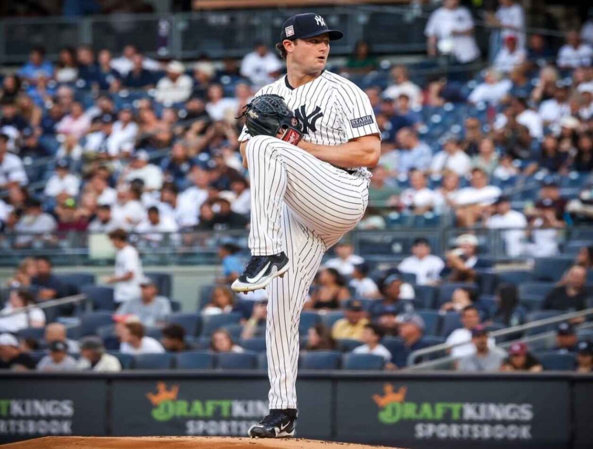 Yankees' ace Gerrit Cole is on the mound at Yankee Stadium vs. the Rays on July 19, 2024.