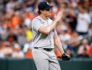 Yankees ace Gerrit Cole gestures during the game against the Orioles in Baltimore on July 12, 2024.