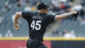 Apr 29, 2024; Chicago, Illinois, USA; Chicago White Sox starting pitcher Garrett Crochet (45) delivers a pitch against the Minnesota Twins during the first inning at Guaranteed Rate Field. Mandatory