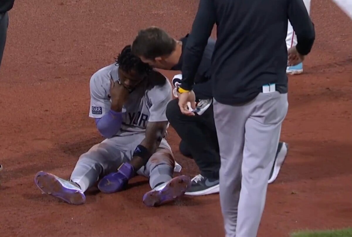 Jazz Chisholm Jr. has an ainjury scare as he makes his debut for the Yankees vs. the Red Sox at Fenway on July 28, 2024.