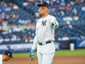 Yankees' captain Aaron Judge winks during the game against the Rays in New York on July 19, 2024.