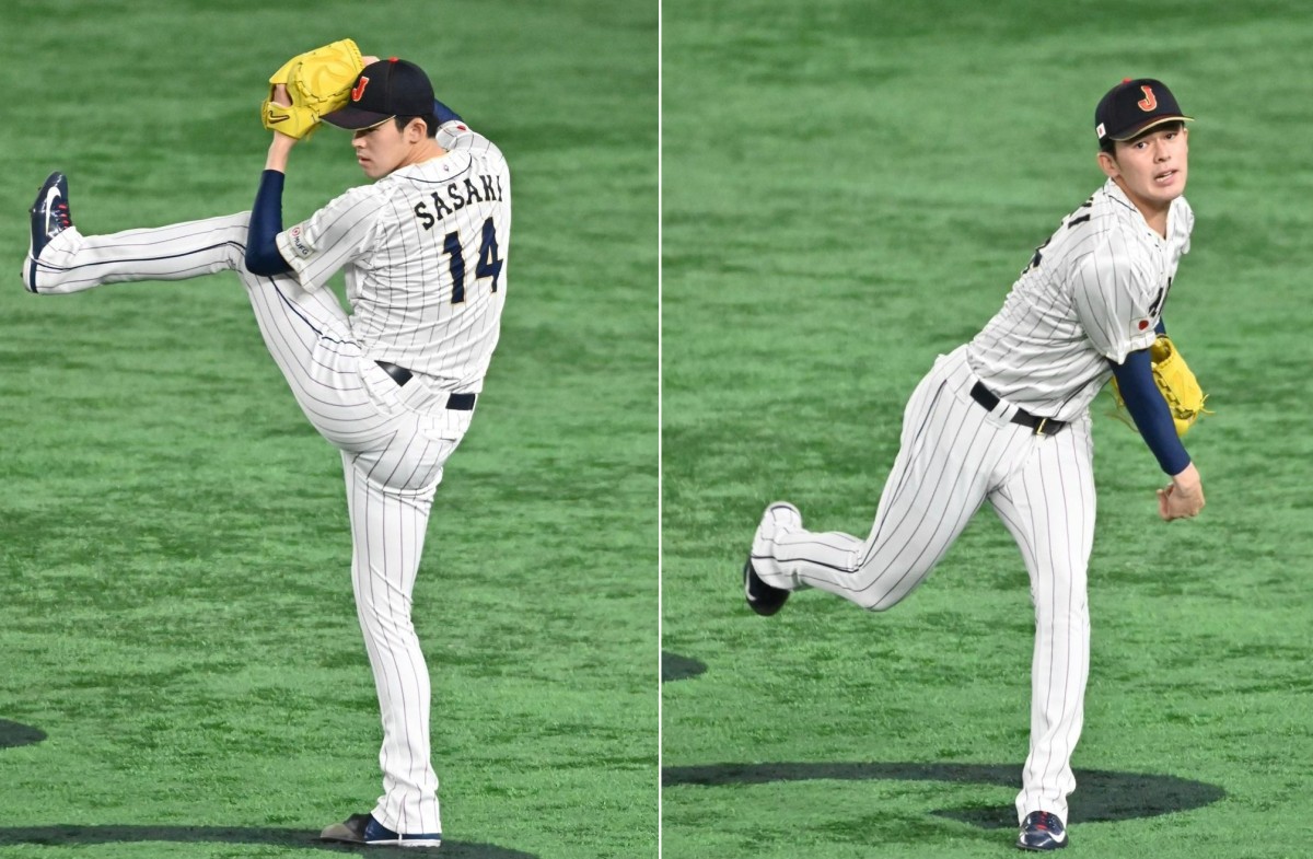 Japanese pitcher Roki Sasaki is pitching during a NPB game in 2024.