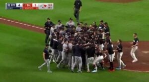 The benches cleared in the bottom of the ninth of the Yankees’ 4-1 win over the Orioles Friday night at Camden Yards, following tensions from their previous series in The Bronx and escalating when Clay Holmes, with a 4-1 lead, drilled Heston Kjerstad in the head with one out.