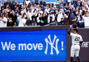 Juan Soto acknowledges following a roll call by Yankees fans at Yankee Stadium on April 5, 2024.
