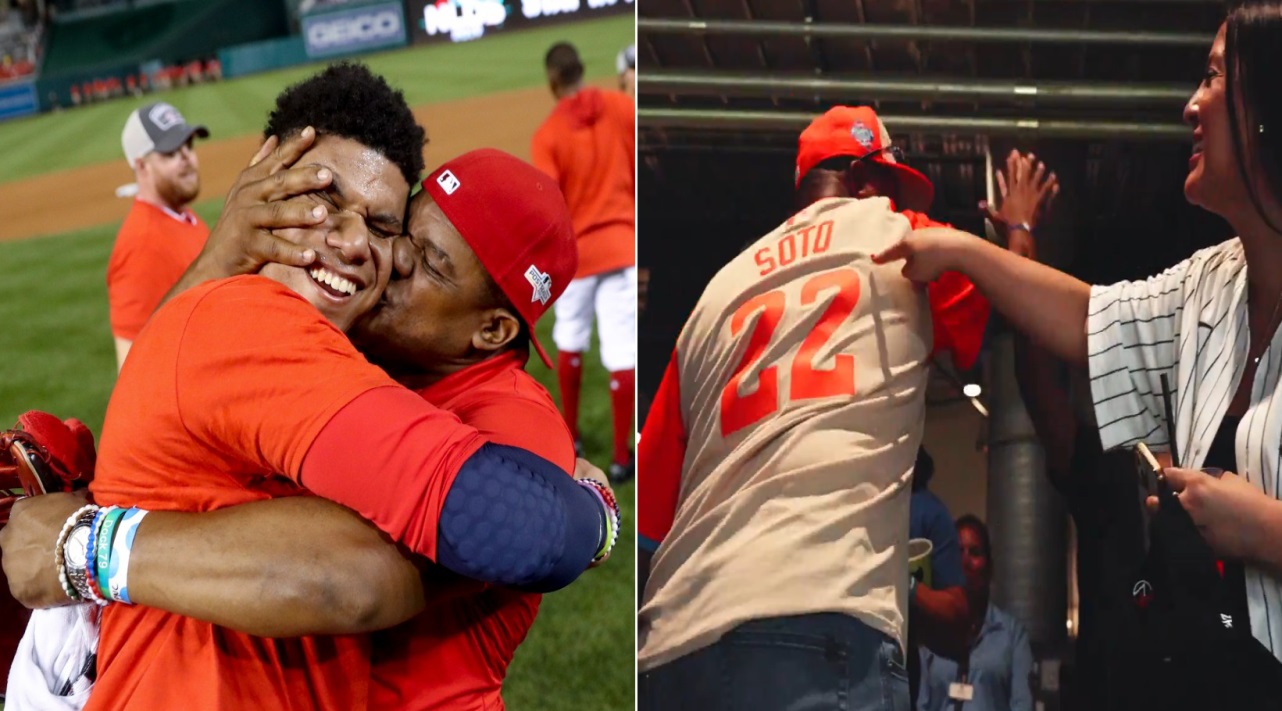 Dad Jose Soto is hugging Juan Soto in 2018 and celebrating his All-Star hit on July 16, 2024, at Globe Life Field.
