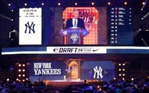 MLB Commissioner Rob Manfred announces the New York Yankees draft pick Ben Hess at Cowtown Coliseum, Ft. Worth, TX, om July 14, 2024.