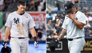 Yankees' pitcher Nestor Cortes and third baseman DJ LeMahieu react after their bad performance against the Rays in New York on July 20, 2024.