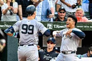 Yankees' stars Aaron Judge and Juan Soto against Baltimore Orioles on 13 July, 2024, at Camden Yards.