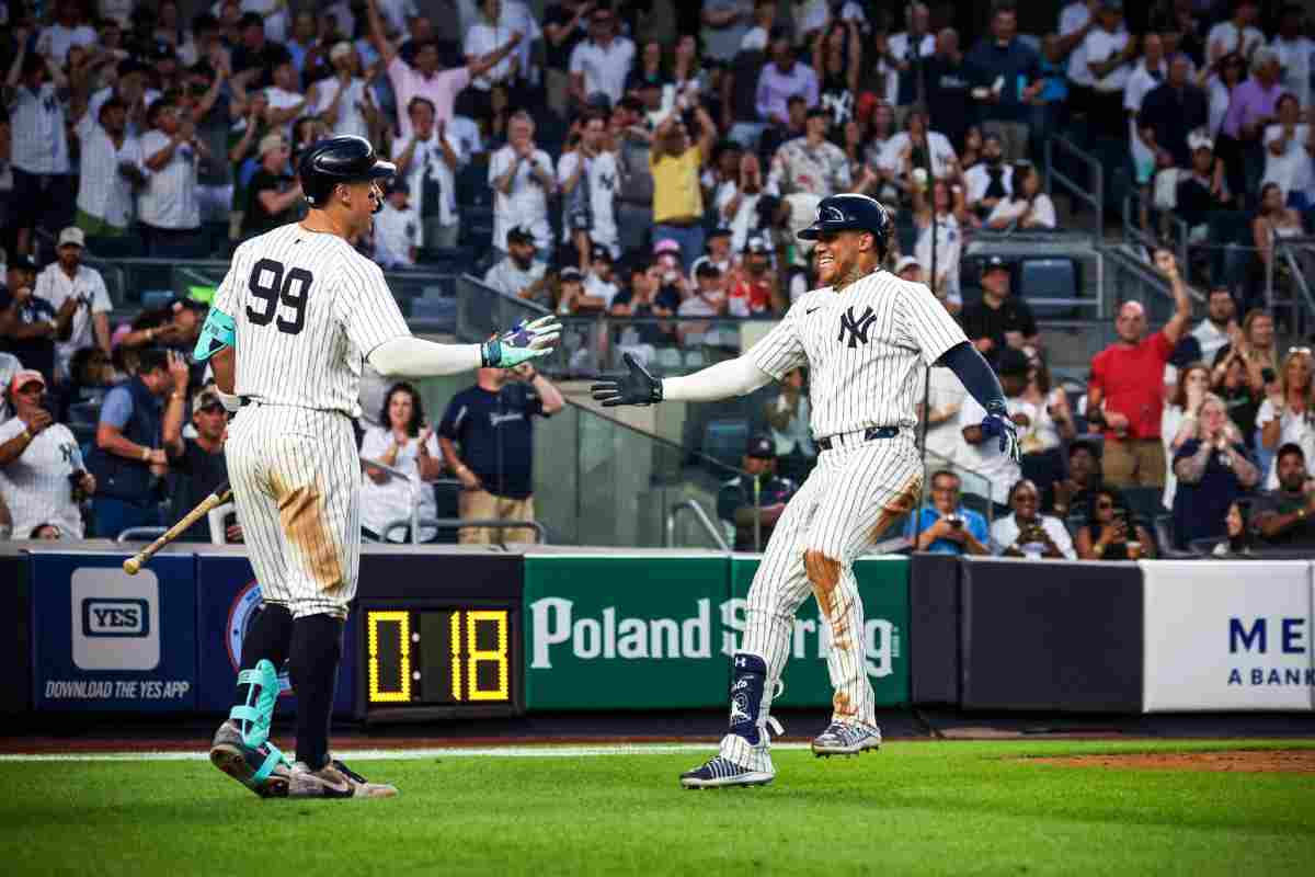 La estrella de los Yankees Aaron Judge y Juan Soto en el Yankee Stadium, el 19 de julio de 2024