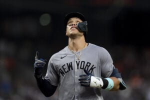 New York Yankees’ Aaron Judge celebrates hitting a home run during the third inning of a baseball game against the Baltimore Orioles, Friday, July 12, 2024, in Baltimore.