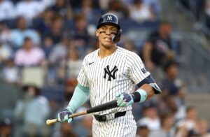 New York Yankees’ Aaron Judge reacts after striking out against the Boston Red Sox during the fourth inning of a baseball game, Sunday, July 7, 2024, in New York.