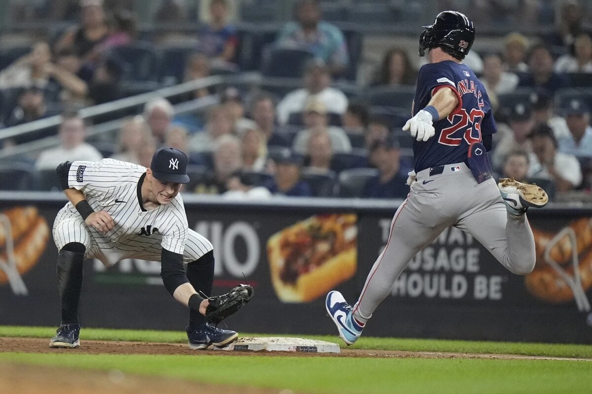 Boston Red Sox’s Romy Gonzalez (23) is thrown out at first base by New York Yankees pitcher Luke Weaver as Yankees’ Ben Rice, left, catches the ball during the seventh inning of a baseball game, Friday, July 5, 2024, in New York.