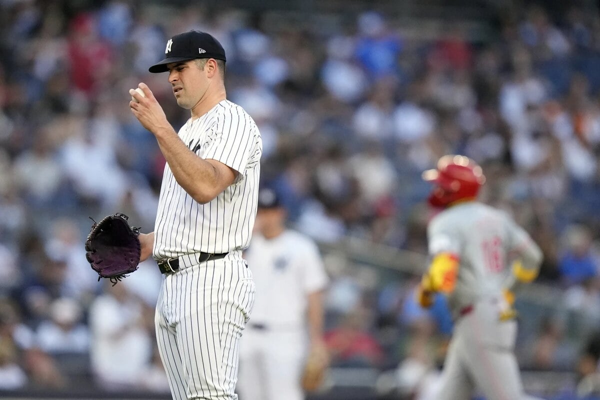 New York Yankees pitcher Carlos Rodón reacts as Cincinnati Reds’ Noelvi Marte runs the bases after hitting a two-run home run during the second inning of a baseball game, Wednesday, July 3, 2024, in New York.