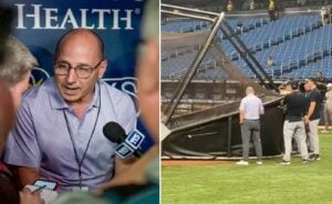 Yankees GM Brian Cashman is talking to reporters at the tea dugout and during their practice session at Tropicana Field on July 9, 2024.
