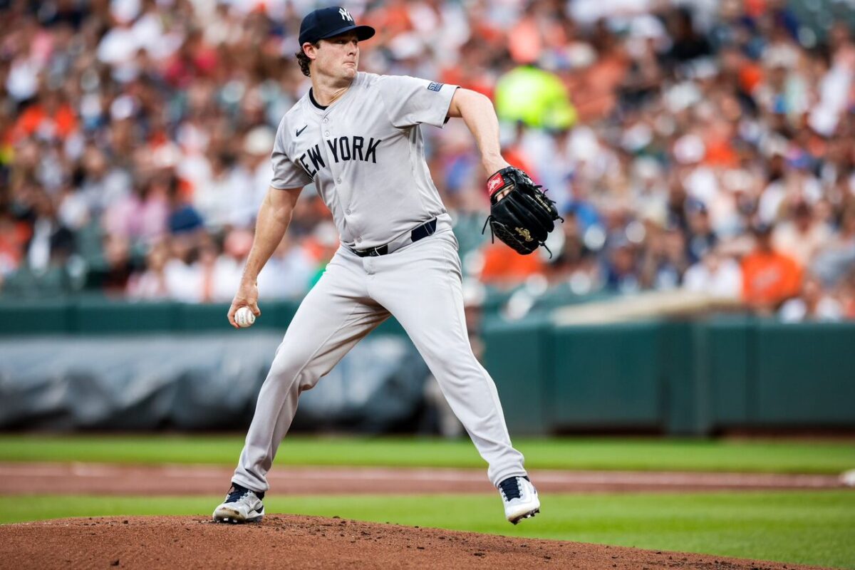 Yankees ace Gerrit Cole is in action against the Orioles in Baltimore on July 12, 2024.