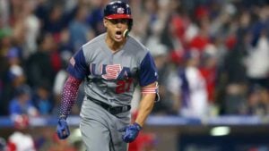Yankees star Giancarlo Stanton reacts to his rocket home run during Saturday’s Team USA vs. Dominican Republic game at the World Baseball Classic