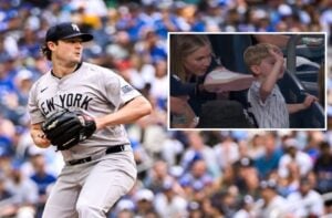 Yankees ace Gerrit Cole is on the mound against the Blue Jays in Toronto on June 30, 2026. Inset: Son Caden with mom Amy