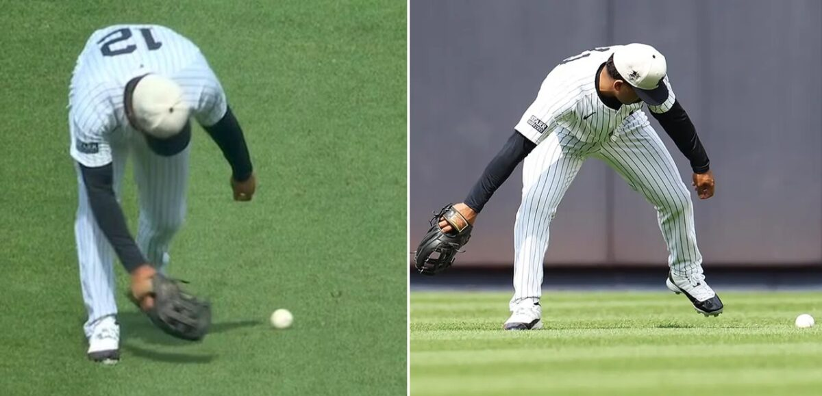 Yankees' Trent Grisham makes a defensive error in the ninth against the Reds at Yankee Stadium on July 4, 2024.