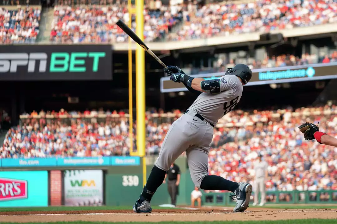 Yankees' Aaron Judge hits his second homer of the day against the Phillies on July 29, 2024, in Philadelphia.