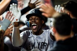 Jazz Chisholm celebrates after hitting a home run during the Yankees' win over the Phillies on July 29, 2024.