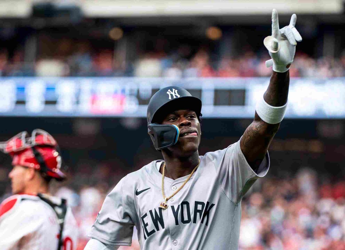 Jazz Chisholm celebrates after hitting a home run during the Yankees' win over the Phillies on July 29, 2024.