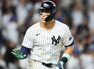 Yankees slugger Aaron Judge reacts after hitting his 32nd home run of the season against the Reds at Yankee Stadium on July 2, 2024.