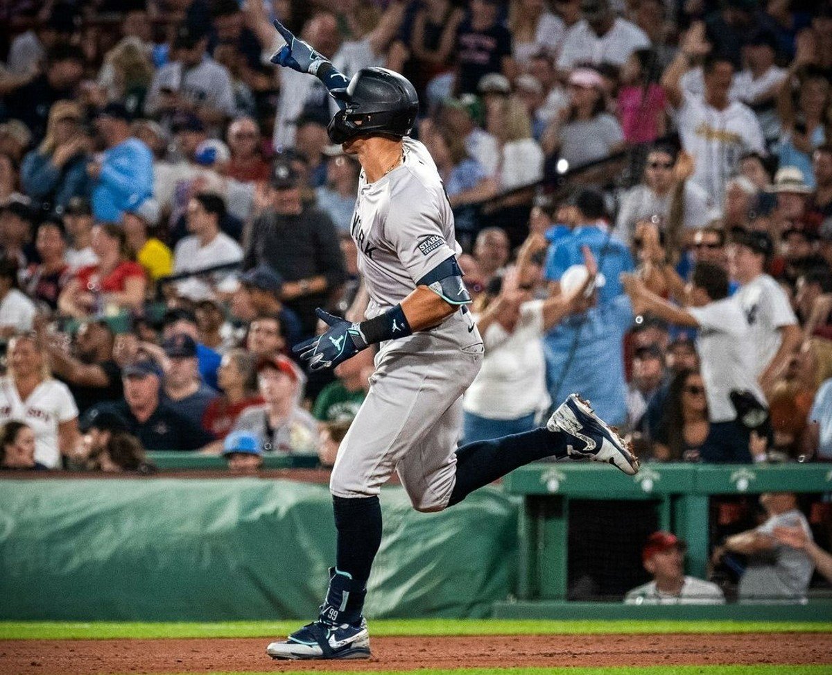 Aaron Judge reacts after hitting a 470-ft home run at Fenway Park against the Red Sox on July 28, 2024.