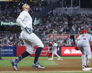 Aaron Judge turns to sky after a double play in the Yankees' 3-2 loss to Reds in the Bronx on July 3, 2024.