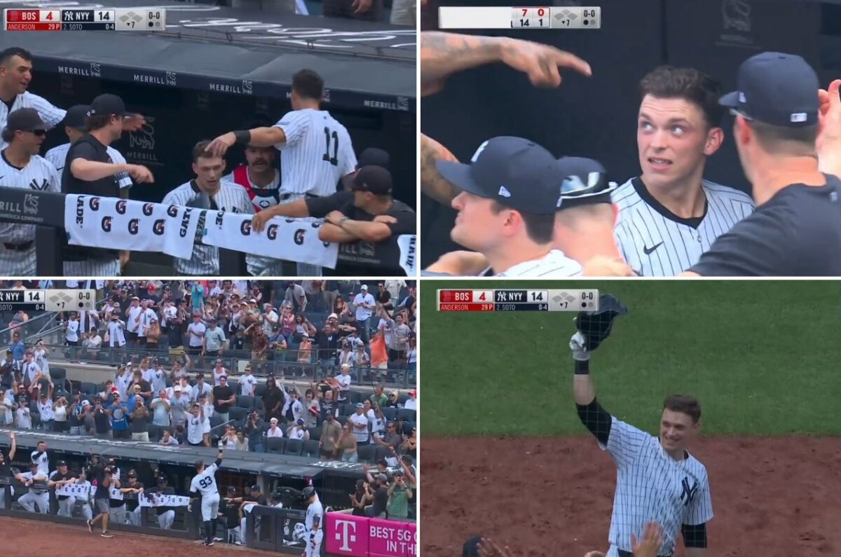 Compañeros de los Yankees guían al novato Ben Rice a la bajada del telón en el Yankee Stadium tras batear tres jonrones contra los Medias Rojas el 6 de julio de 2024.