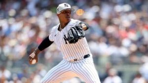 Marcus Stroman, #0 of the New York Yankees, pitches against the Cincinnati Reds during the first inning at Yankee Stadium on July 4, 2024, in the Bronx borough of New York City.
