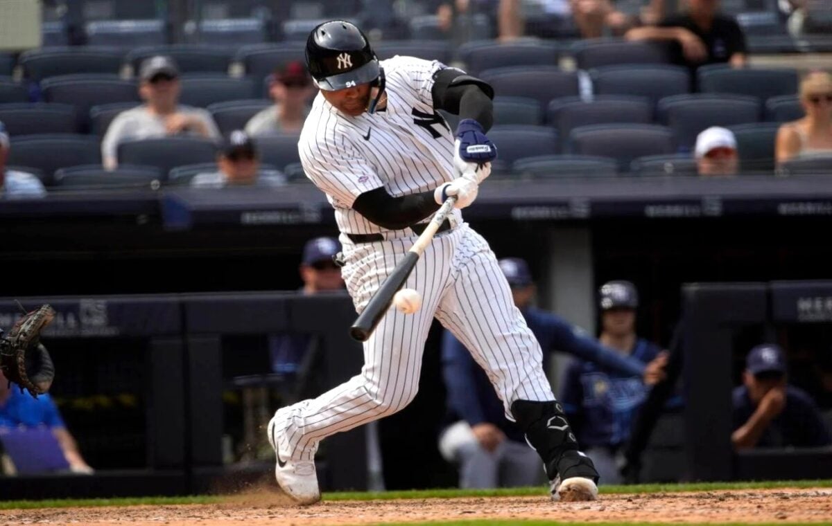 Yankees' Carlos Narvaez hits a single during the ninth inning of a baseball game against the Tampa Bay Rays, Saturday, July 20, 2024, in New York.