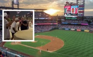 A Yankees fan was captured on video delivering a knockout punch to another man outside of Citizens Bank Park in Philadelphia on Tuesday night.