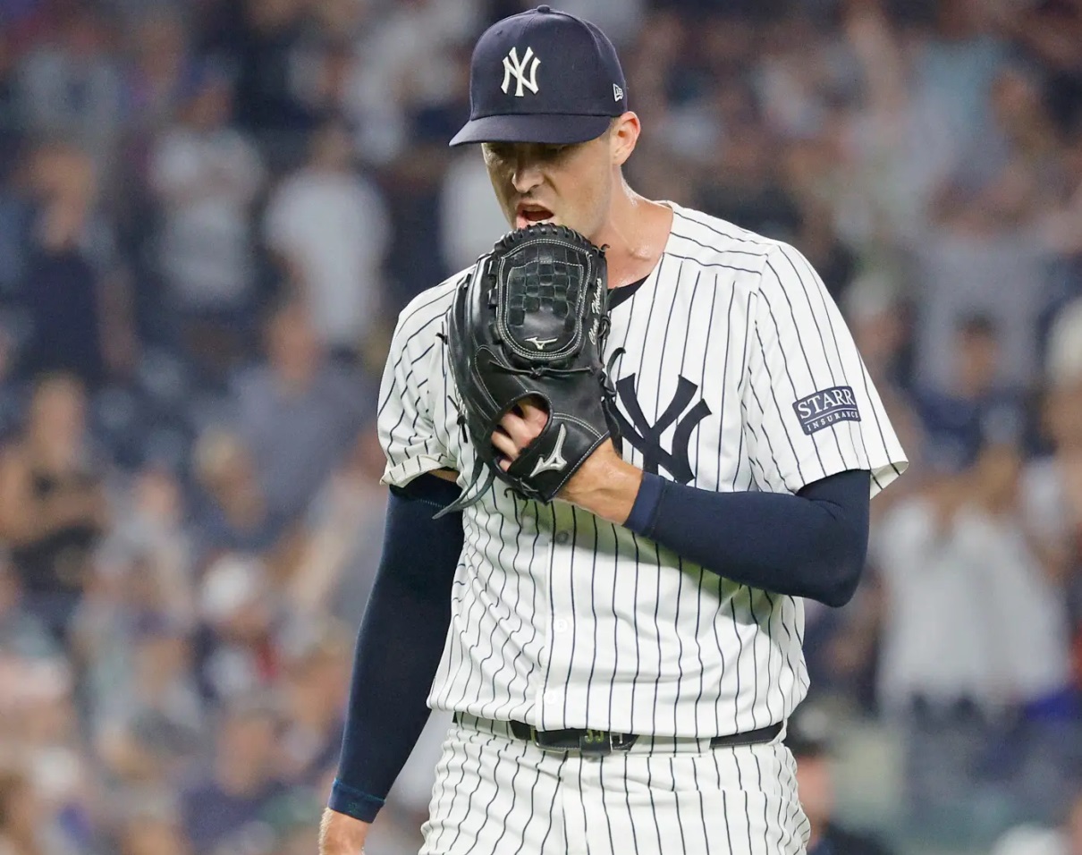 Yankees’ Clay Holmes reacts after the ninth inning against the Red Sox, Friday, July 5, 2024, in New York.