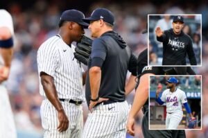 New York Yankees manager Aaron Boone and starting pitcher Luis Severino talk during the game against the Cincinnati Reds on Wednesday, July 13, 2022, in New York. Inset, both in 2024.