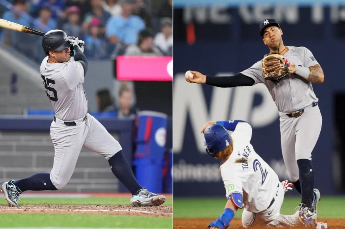 Yankees' Gleyber Torres hits and throws against the Blue Jays at Rogers Center on June 30, 2024.