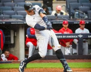 Yankees' Aaron Judge hits a single against the Angels at Yankee Stadium on August 7, 2024.