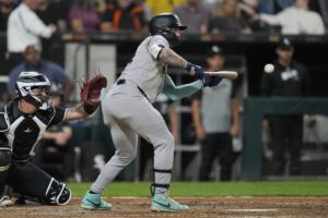 New York Yankees’ Alex Verdugo bunt pops out softly to Chicago White Sox’s starting pitcher Ky Bush during the fourth inning of a baseball game Monday, Aug. 12, 2024, in Chicago.