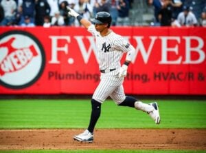 Oswaldo Cabrera gestures after hitting the fastest ever home run for the Yankees against the Angels at Yankee Stadium on August 8, 2024.