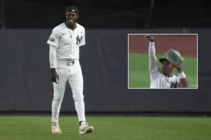 New York Yankees’ Jazz Chisholm Jr. stands on the field before a baseball game against the Toronto Blue Jays, Friday, Aug. 2, 2024, in New York.