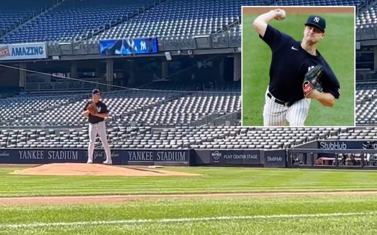 Yankees' pitcher Clarke Schmidt on his way to complete an uninterrupted 25-pitch session on August 10, 2024, at Yankee Stadium.