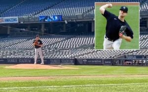 Yankees' pitcher Clarke Schmidt on his way to complete an uninterrupted 25-pitch session on August 10, 2024, at Yankee Stadium.