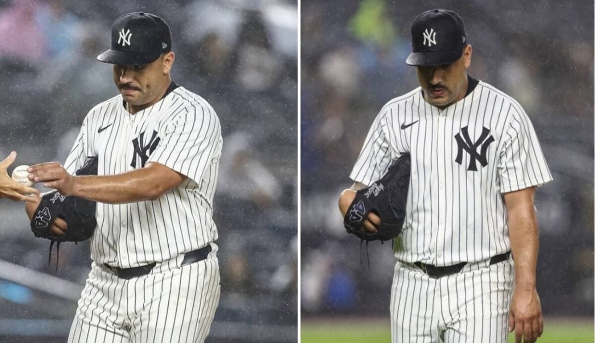 Yankees pitcher Nestor Cortes hands over the ball and leaves the game against the Los Angeles Angels in the fifth inning on August 8, 2024, in New York.