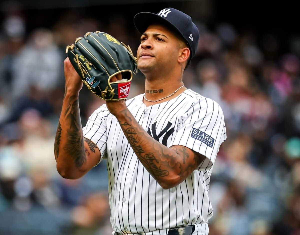 New York Yankees’ Luis Gil celebrates after five shutout innings against the Los Angeles Angels, Wednesday, Aug. 7, 2024, in New York.