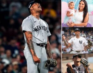 Yankees' pitcher Luis Gil and (inset) his wife and daughter.