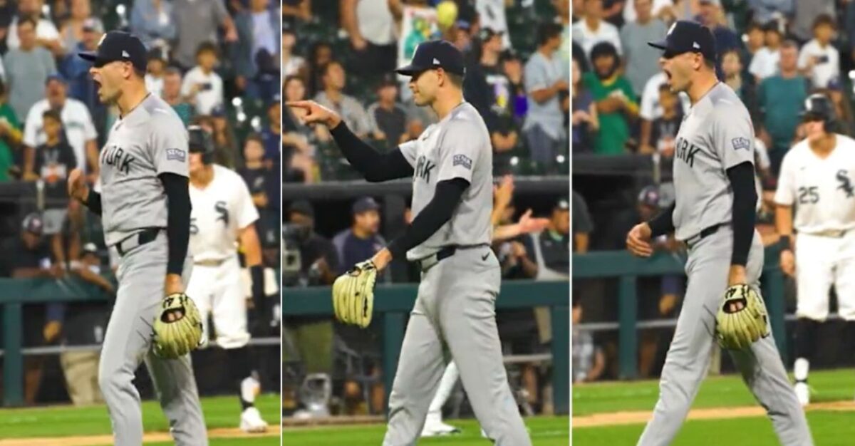 Yankees' relief pitcher Jake Cousins celebrate his first save in the team’s 4-1 win over the Chicago White Sox in a baseball game Tuesday, Aug. 13, 2024, in Chicago.