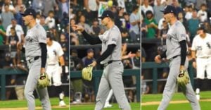 Yankees' relief pitcher Jake Cousins celebrate his first save in the team’s 4-1 win over the Chicago White Sox in a baseball game Tuesday, Aug. 13, 2024, in Chicago.