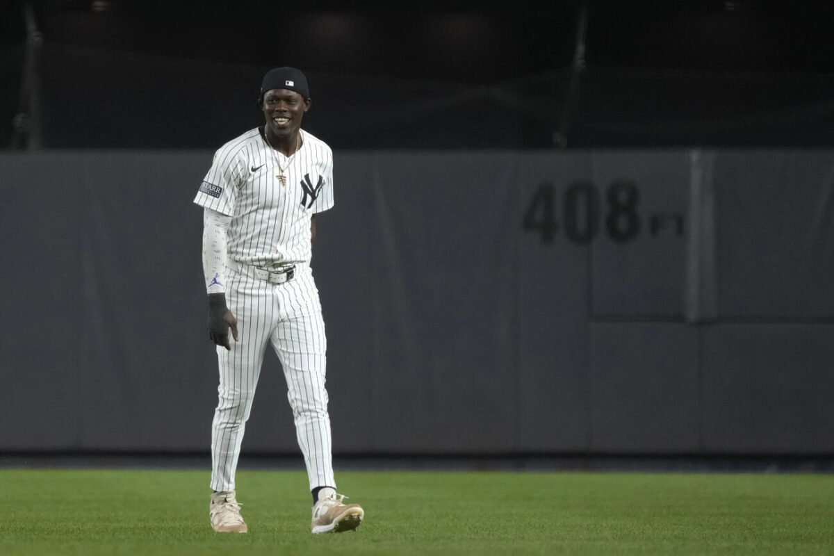 New York Yankees’ Jazz Chisholm Jr. stands on the field before a baseball game against the Toronto Blue Jays, Friday, Aug. 2, 2024, in New York.