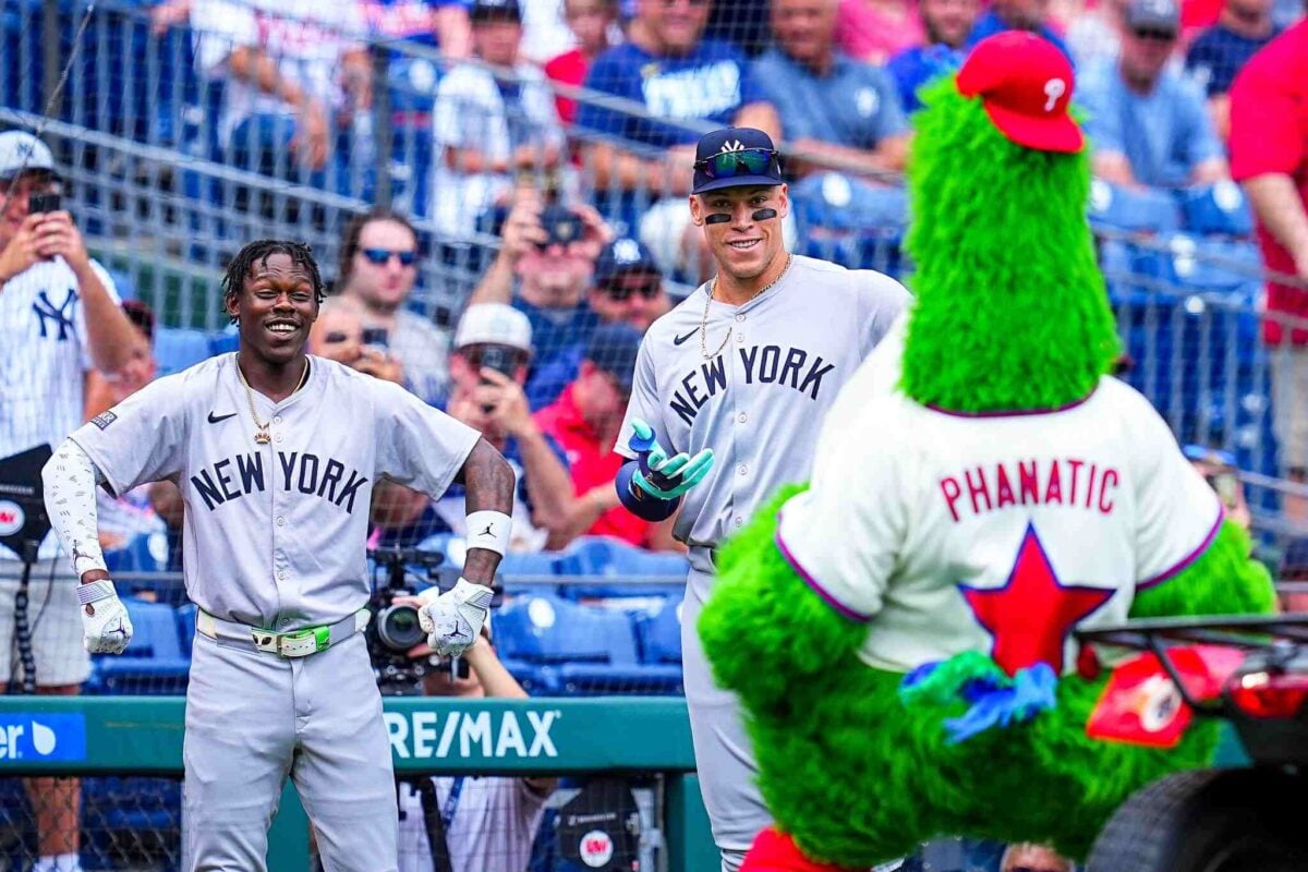 Yankees' Jazz Chisholm and Aaron Judge watch Phillies' mascot Phanatic at Citizen Bank Park on July 31, 2024.