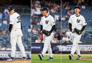 Yankees' reliever Mark Leiter reacts after his successful outing against the Blue Jays in New York on August 4, 2024.